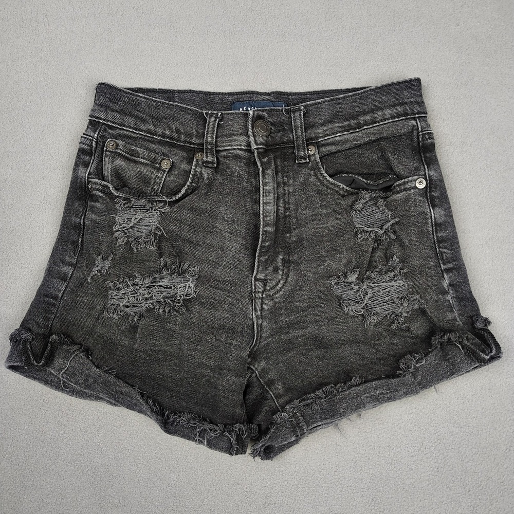 Aeropostale Denim Mom Shorts Women 2 Black Distressed Casual Stretch Cutoffs Raw